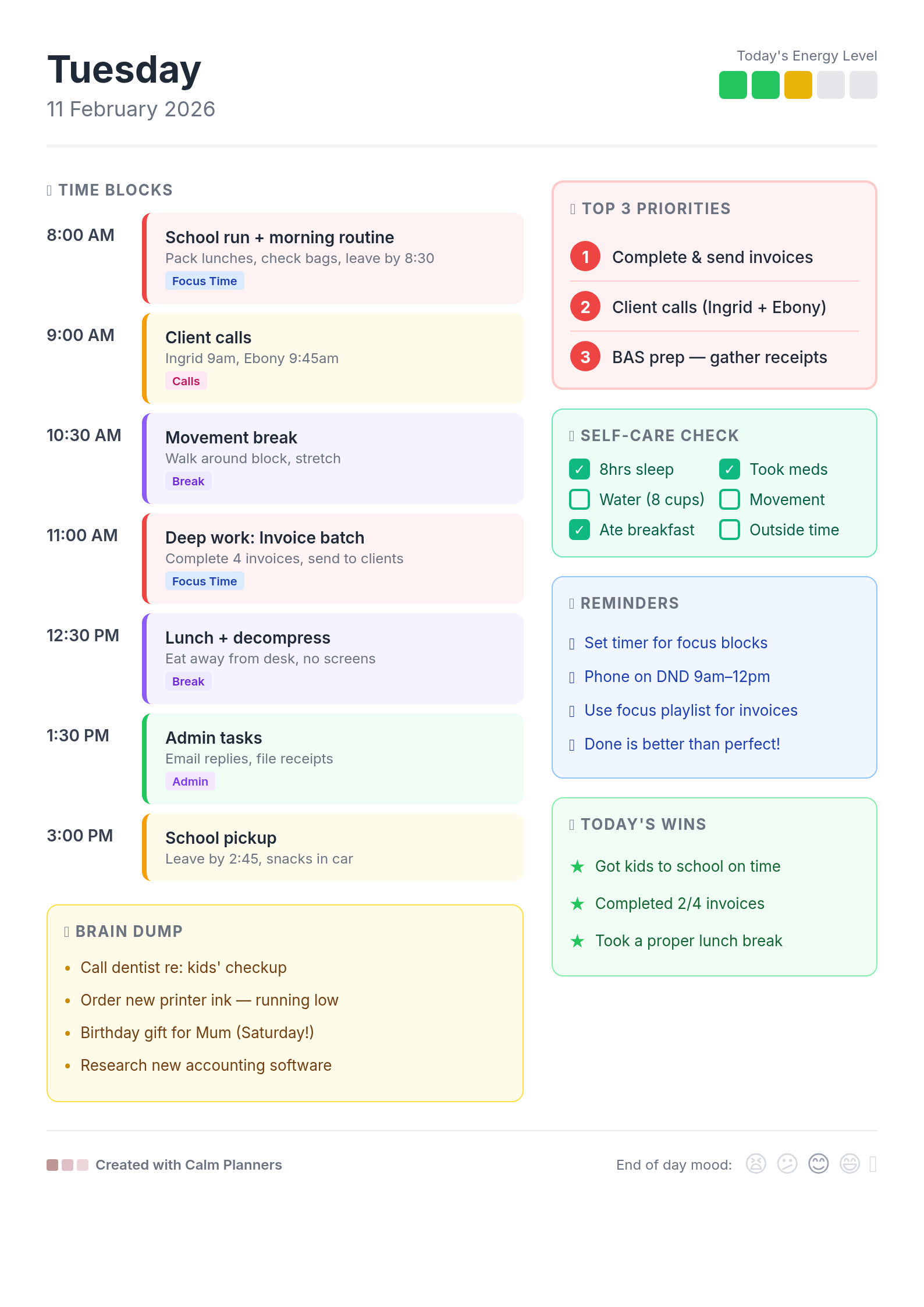 ADHD Daily Planner with time blocks, priorities, self-care check and brain dump section