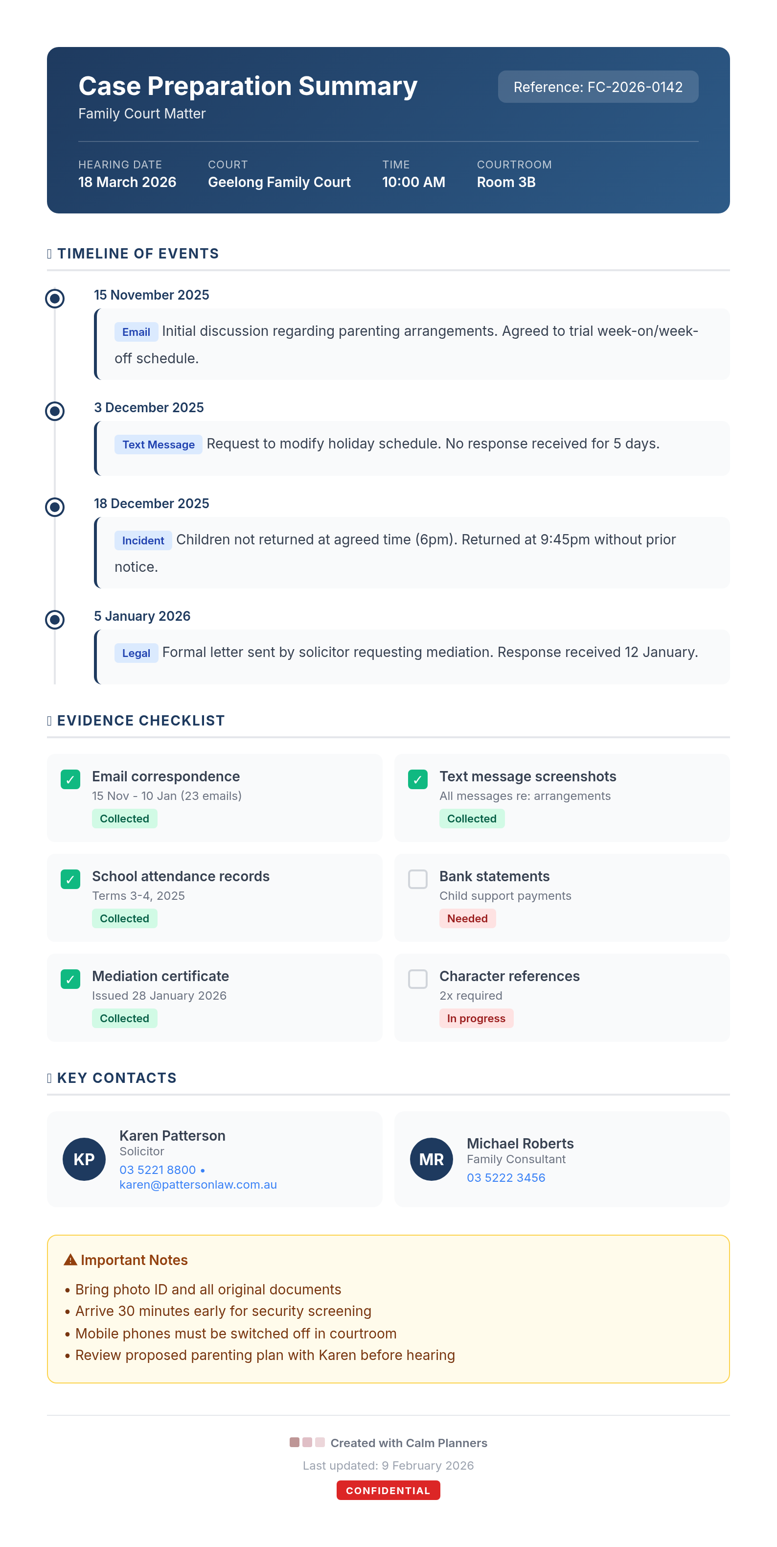 Court Preparation Document showing timeline, evidence checklist, and key contacts