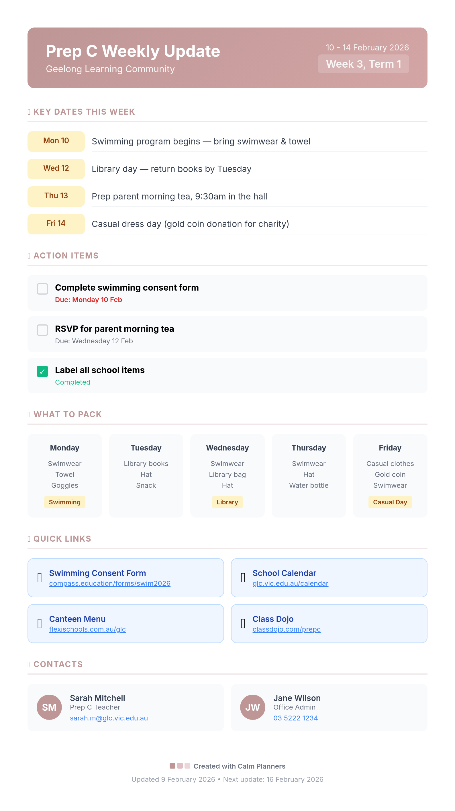 Weekly Parent Update example showing key dates, action items, and what to pack for the school week